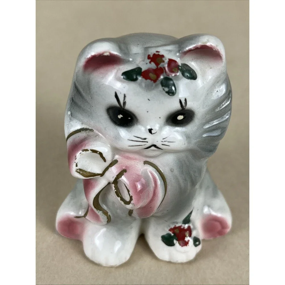Vintage Ceramic Seated Kitty Cat w/ Pink Bow‎ One of Fluff & Puff Figurine Japan